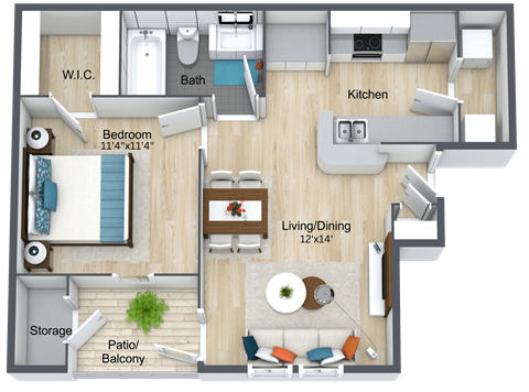 A floor plan of a small apartment with a living room, kitchen, bedroom, bathroom, and storage area.